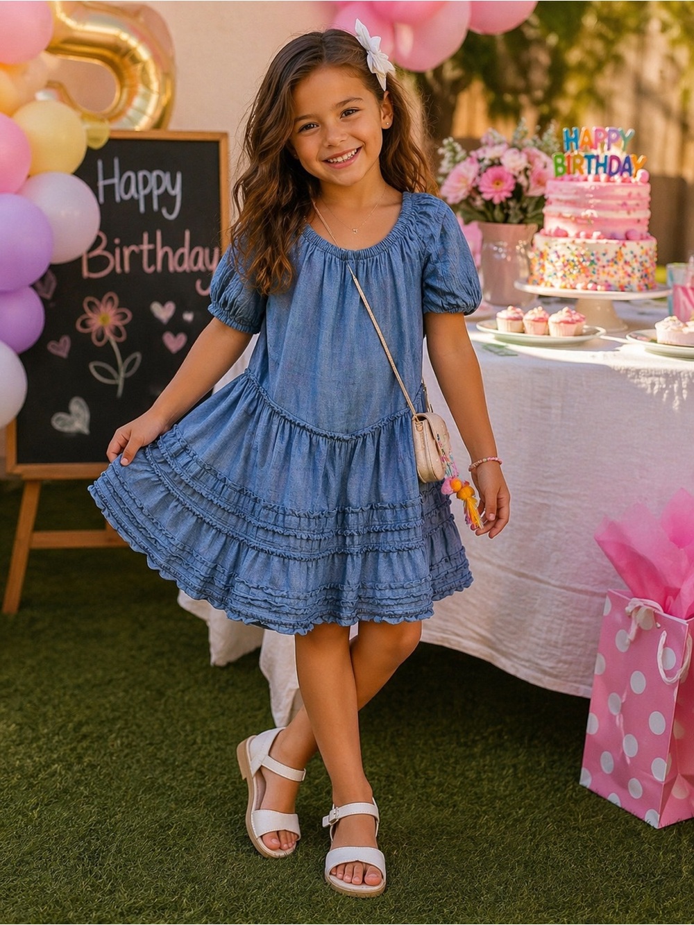 Polo Ralph Lauren Girl’s 8 Denim Dress Tiered Ruffle Hem Casual Western Neutral